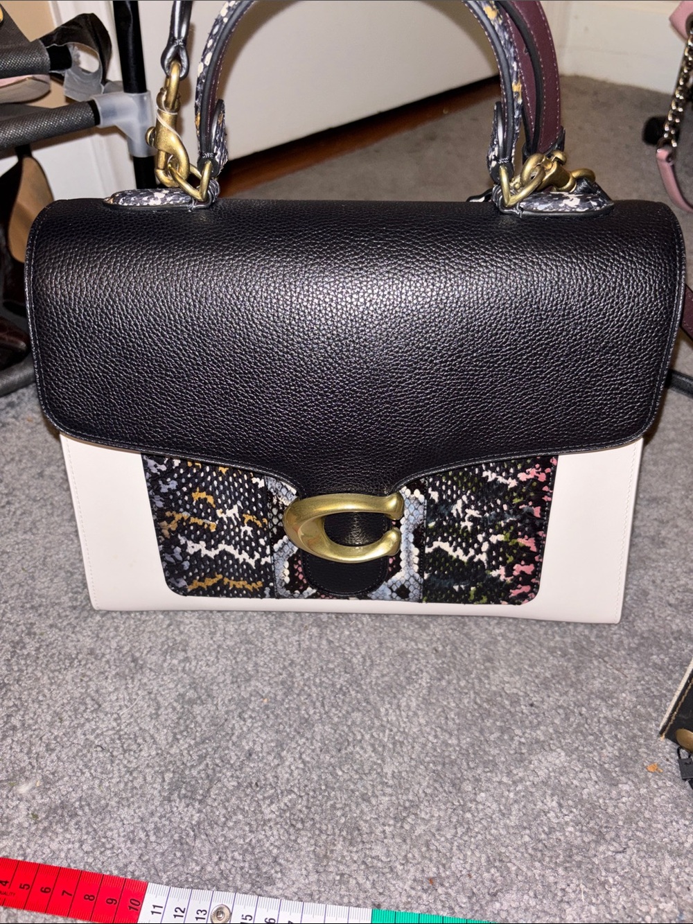 Coach Black and Cream Top-Handle Women's Satchel with Snakeskin Accent